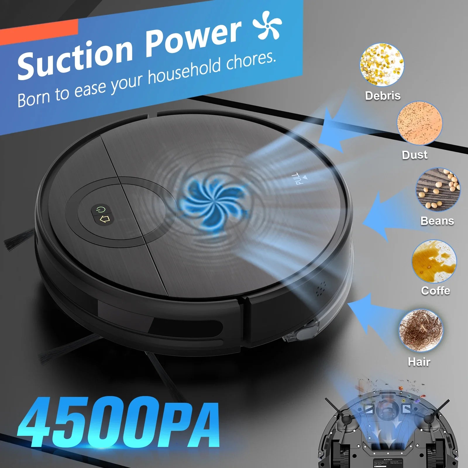 Robot Vacuum Cleaner 4500Pa Smart Home Sweeper Cleaning Machine